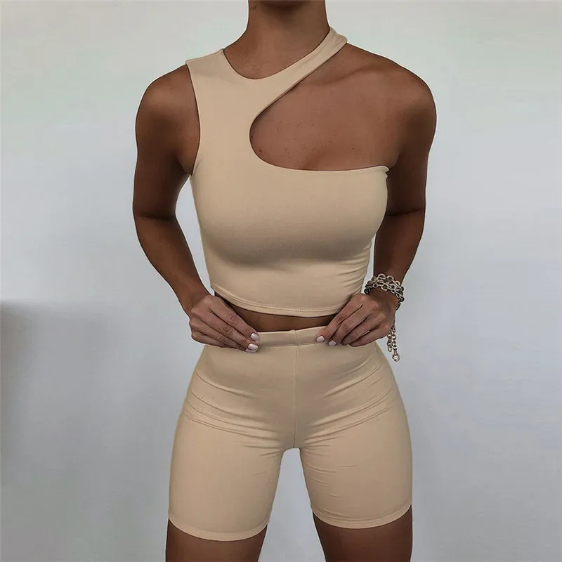 Adogirl Asymmetrisk Solid Två Piece Set Kvinnor 2021 Sommar Casual Crop Tops och Biker Shorts Kvinnor Hög midja Sportkläder Outfit x0428