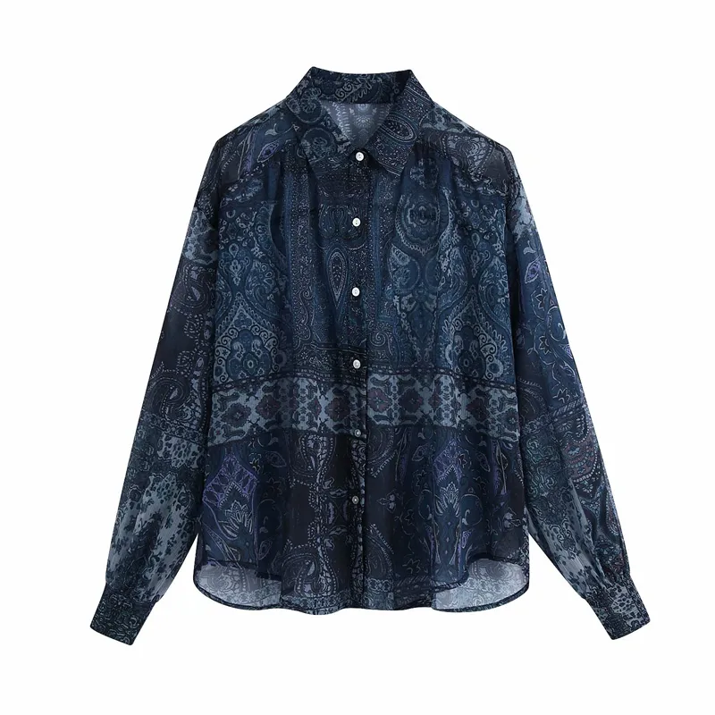 Blue Retro Oversized Boho Print för kvinnor Chiffon Transparent Button Up Shirt Kvinna Långärmad Semi Heer Ladies Toppar 210430