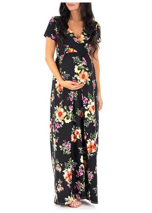 Femmes enceintes Vêtements Robes de maternité Nouveau col en V à manches courtes Imprimer longue robe de grossesse Mode Plus Taille Robe de plage Y0924