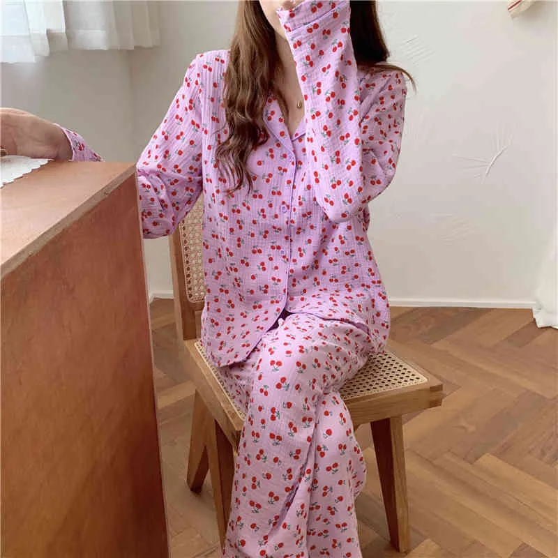 Alla matchar kvinnor söta chic tryckta körsbär Sleepwear Loose homewear stilig tjej dam pyjamas sätter 210525