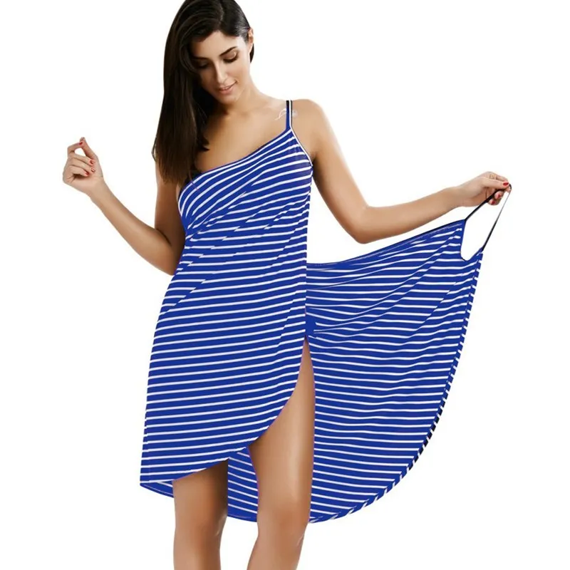 OUFISUN Летние женские плюс платье Sexy V-образным вырезом без рукавов без рукавов полосатый полосатый MIDI дамы повседневная обертка Beach ES 210517