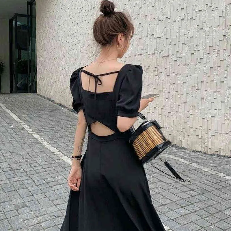 Dress Womens Chic Vintage Black High Waist Square Collar Puff Sleeve Bow A-line Classy Retro Elegant French Female Clothing New Y1204