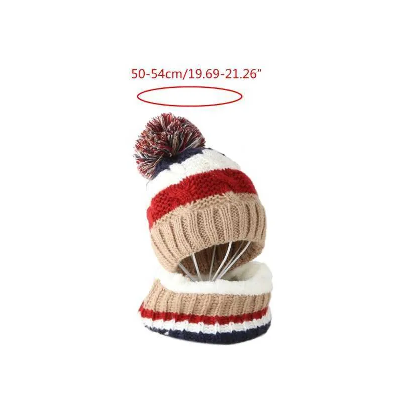 Kinder-Winter-2-teiliges Zopfmuster-Beanie-Mütze-Schal-Set mit süßem Pompom, kontrastfarbenen Streifen, Totenkopf-Mütze, Plüsch-gefütterter Halswärmer