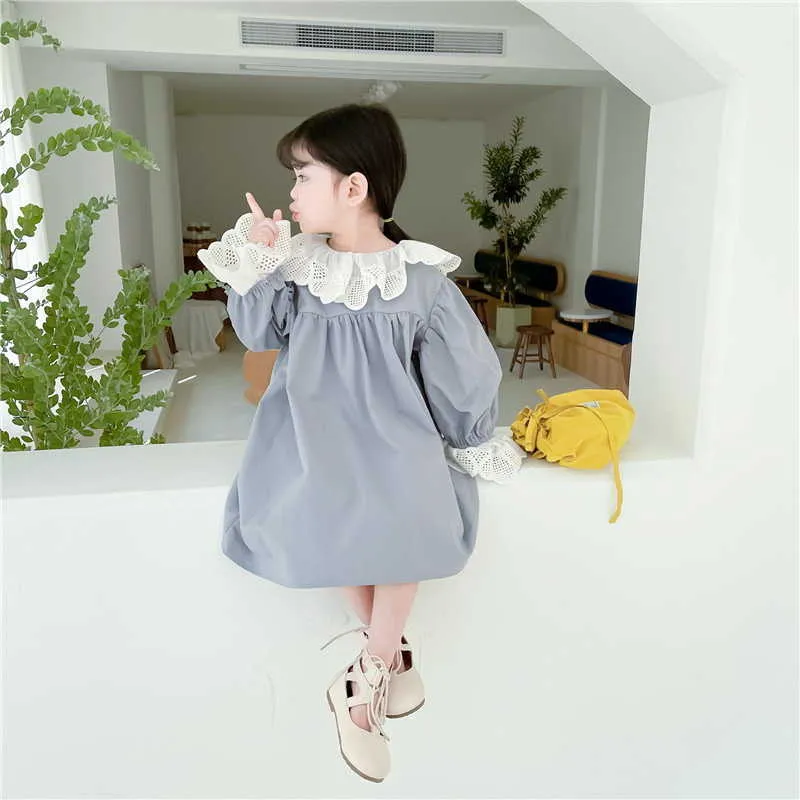 Корейский стиль весенние девушки платья кружева Питер Pan воротник слойки принцесса девушка одежда E9035 210610
