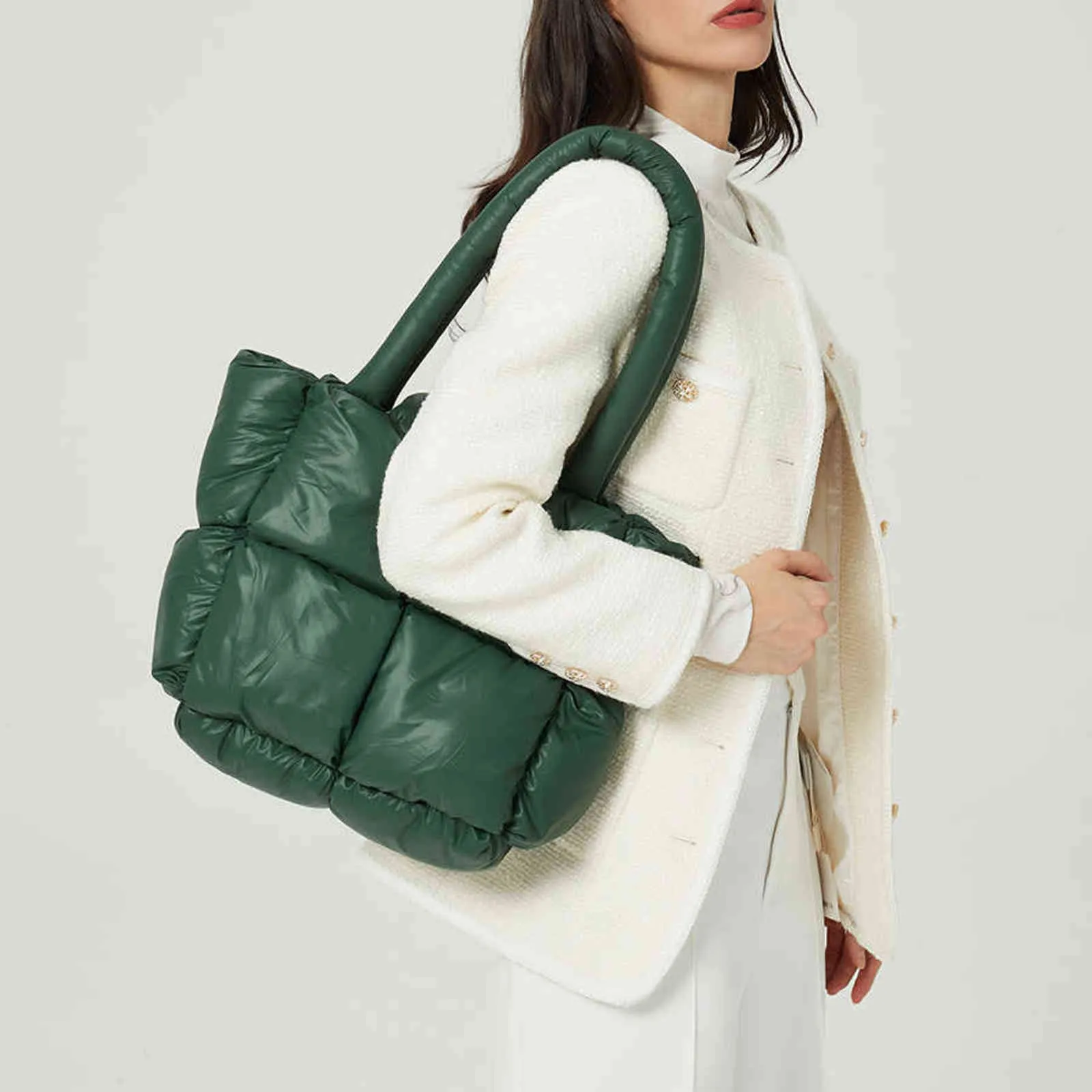 Große Daunen Baumwolle Winter Große Stepp Tote Gepolsterte Handtaschen Designer Für Frauen Mode Marke Schulter Tasche 2021 Luxus Geldbörsen Grün G1105