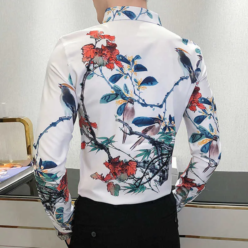 Chiński styl Kwiatowy Koszule Mężczyźni Z Długim Rękawem Biznes Dorywczo Koszula Slim Fit Streetwear Party Bluzka Camisas Para Hombre 210527