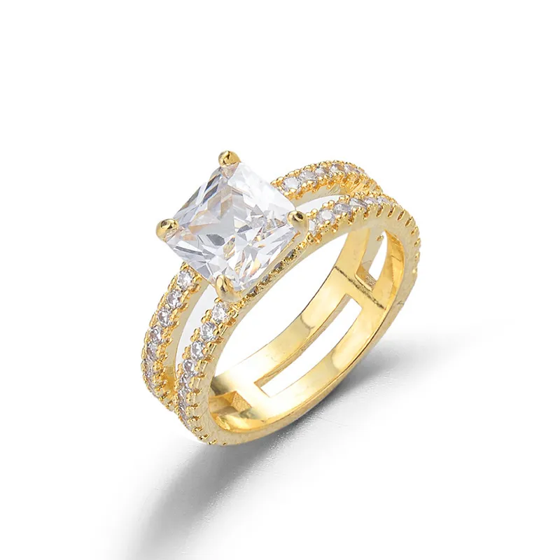 Anel doublelayer 14k refere-se a quatro pinos configuração completa joias de diamante mulheres homens anillos de fine bizuteria 14 k anéis de ouro 1563553