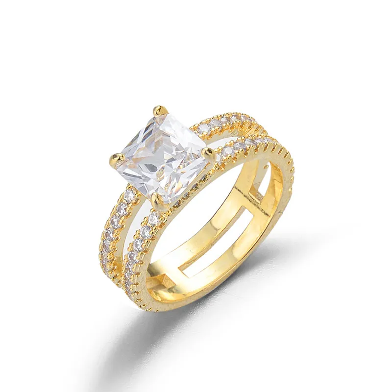 DoubleLayer 14K Ring hänvisar till fyra pronginställning av hela diamantsmycken kvinnor män anillos de fin bizuteria 14 k guld ringar1563553
