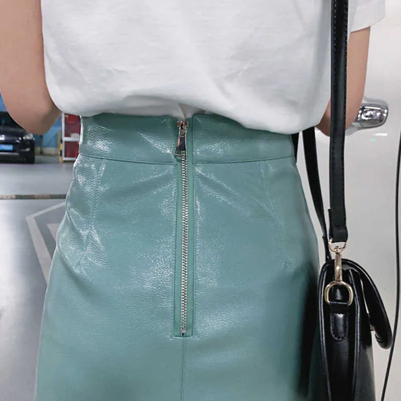 Aelegantmis Corée Casual Vert Une Ligne PU Jupe En Cuir Femmes Bleu Brevet Taille Haute Mini Femme Rue Rétro 210607