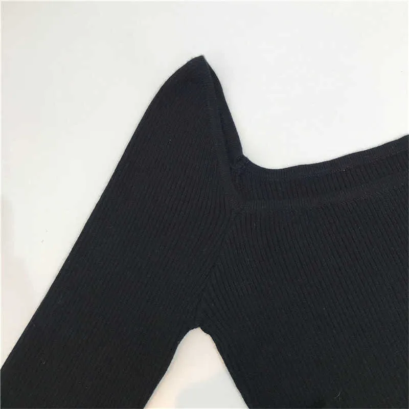 Черный офис леди элегантный совок шеи с длинным рукавом сплошные мерсеризованные хлопковые пуловеры тройник случайные женщины Y2K футболка B-076 210914