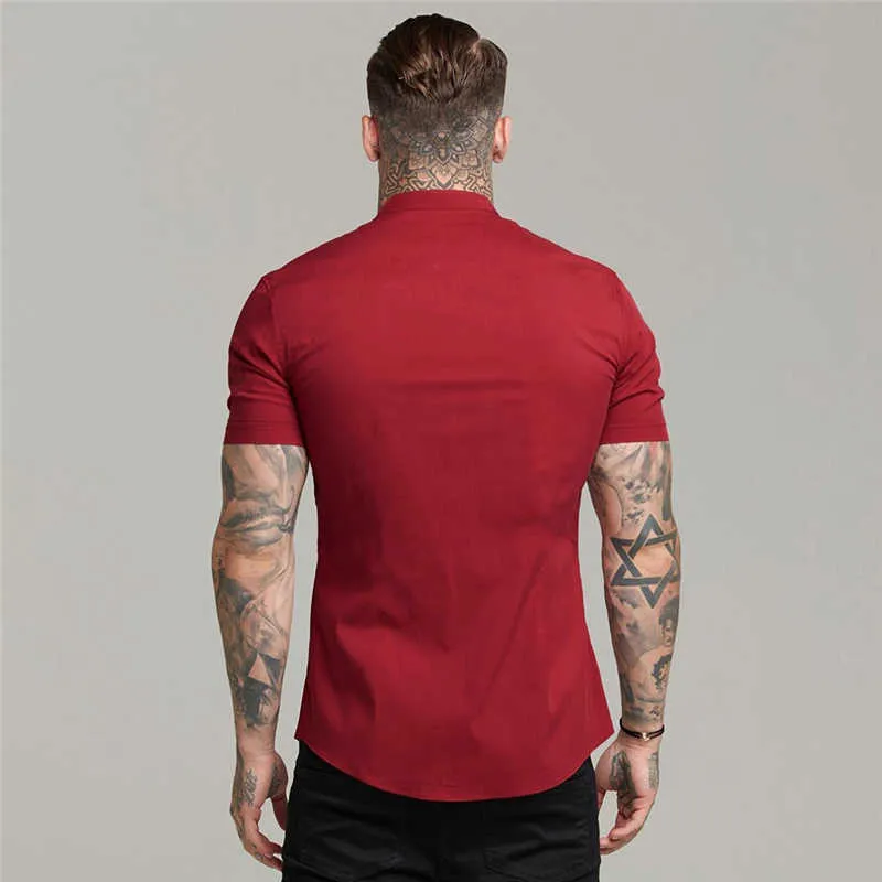 Arrivées été homme chemise à manches courtes solide Fitness hommes col montant Super Slim Fit affaires robe bouton Gym hauts 210626