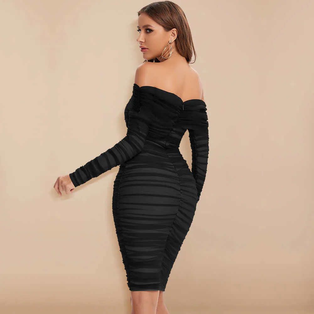 Beaukey Sex Women Long Sleeves Party Boycon Bandage Klänning Brun Röd Svart Slash Neck Off Axel Draped Club Mesh Vestido 210915