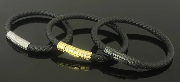 Herren-Armband aus Edelstahl, Netzkabel, Druckknopf, Magnetverschluss, Leder