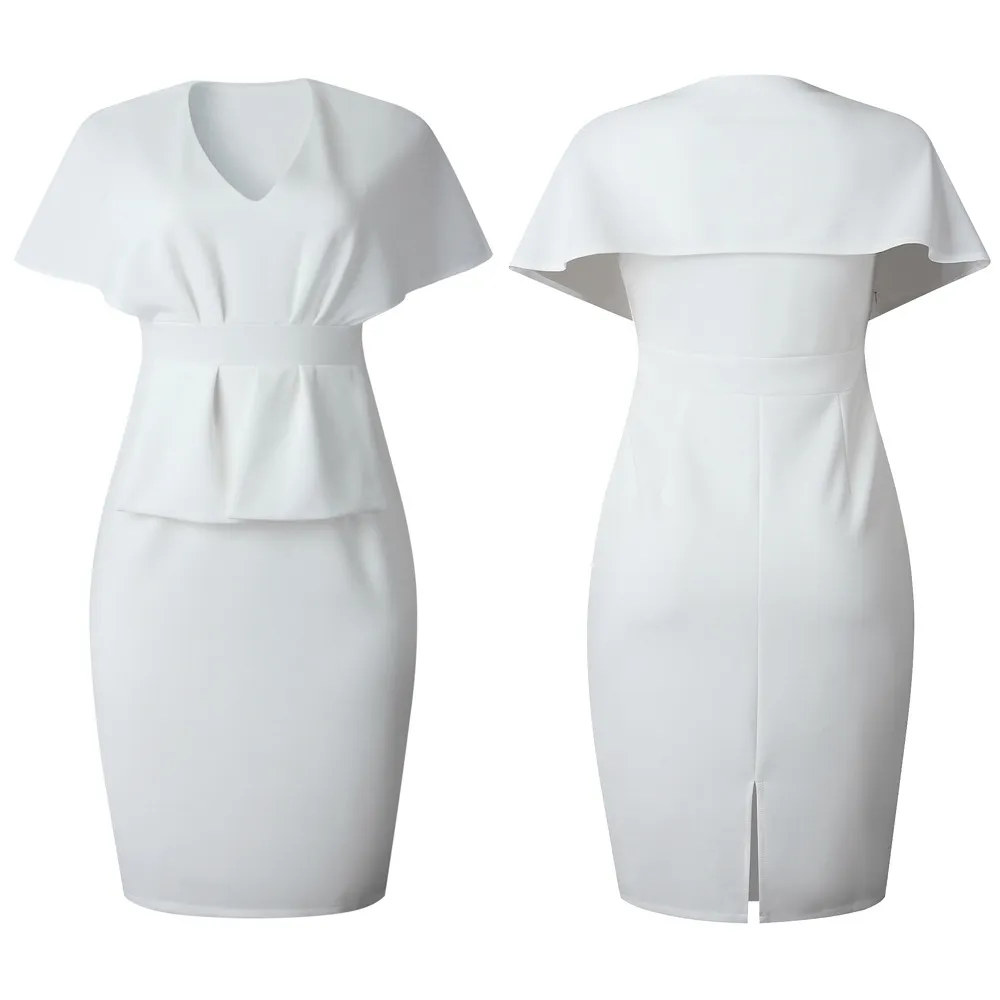 女性エレガントなホワイトオフィスレディースVネックドレスケープスリーブアフリカのファッションバックスリット上品なvestidosプラスサイズのXLドレスローブ210416