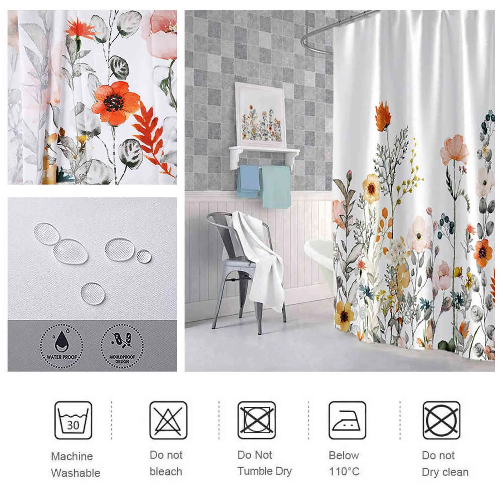 Watercolor Flower Bathroom curtain flora printed shower curtain waterproof polyester fabric bath curtain for bathroom home decor 211116