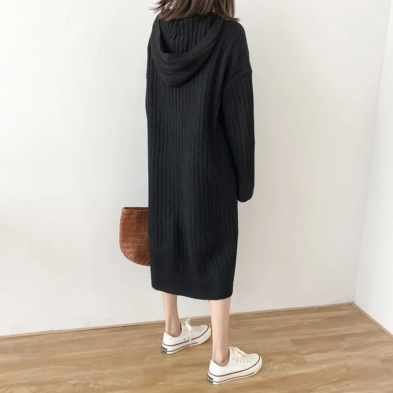 Winter Autumn Fashion Hooded Sweater and Pullovers Long STYLE Casual Striped Korean Oversized Dress 210430