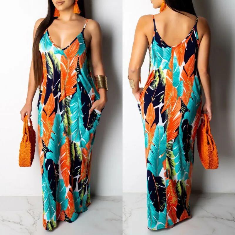 Animal Striped Print Maxi Dresses for Women Bohemian Sundress Vacation Beach Cover Up Long Dress Plus Size X0521