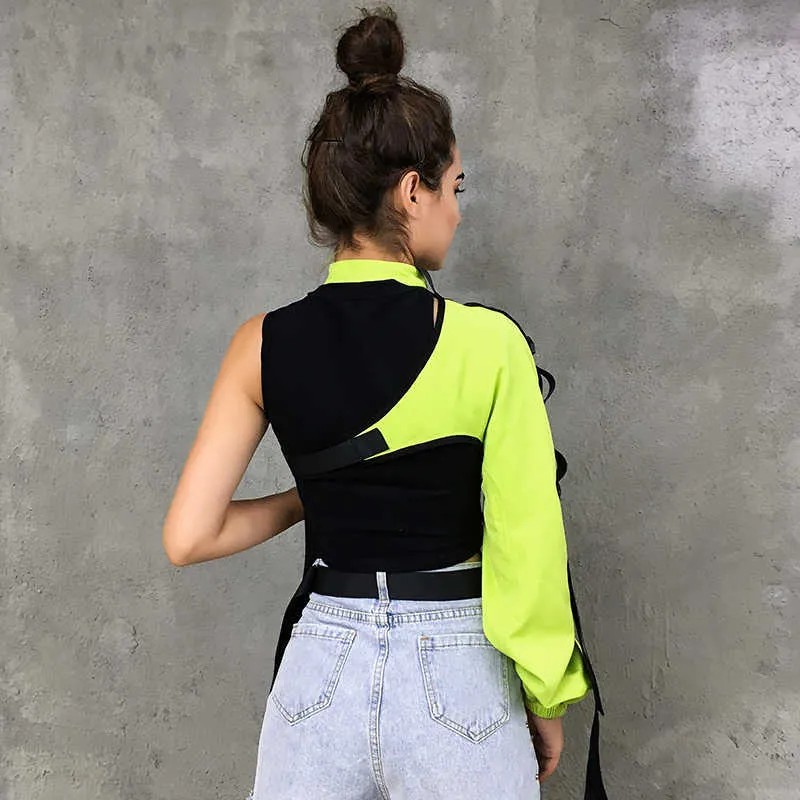 Heyoungirl Neon Green One Shoulder Off Halter Top Harajuku Black Reflective Tshirt Kvinnor Hip Hop Street Wear Tee Shirt Femme x0628
