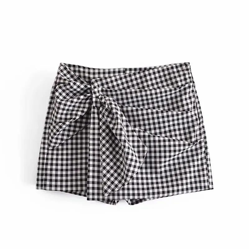 Kadın Skort Siyah Beyaz Ekose Yüksek Bel Kısa Etek Kadın Moda Gingham Ön Düğüm Rahat Yaz Şort 210519