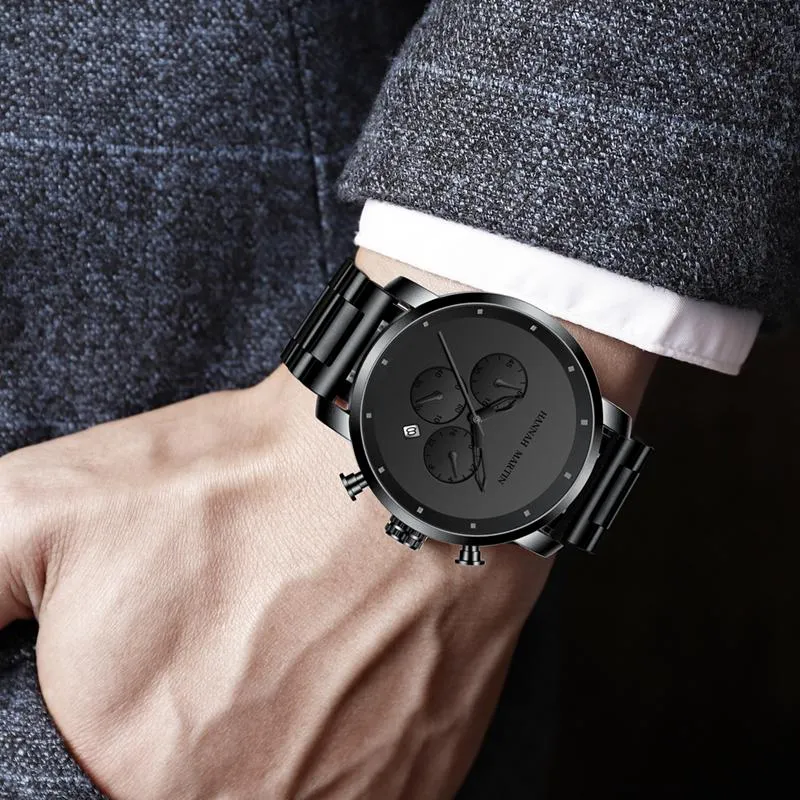 Zegarek na rękę Masowe zegarki 2021 Luxury Designer Black Man Watch Waterproof Waterproof Calendar do swobodnego stalowego kwarcu RELOJ HOMBRE226A