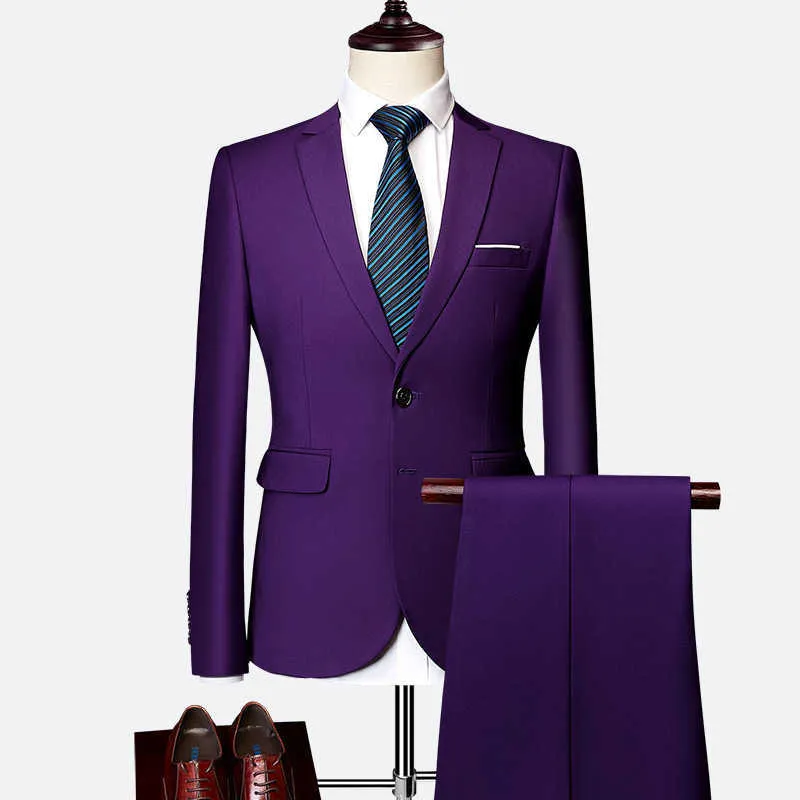Two Piece Suit, Men's Tailored Red Purple mens Tuxedo,two Set,men Suits,suit Men X0909
