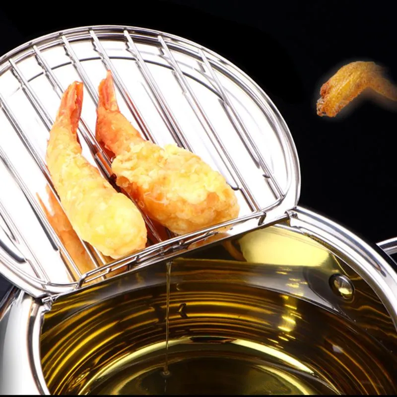 パン日本の天ぷら揚げ鍋蓋付きステンレス鋼キッチンフライヤーパン調理器具20cm 24cm2845