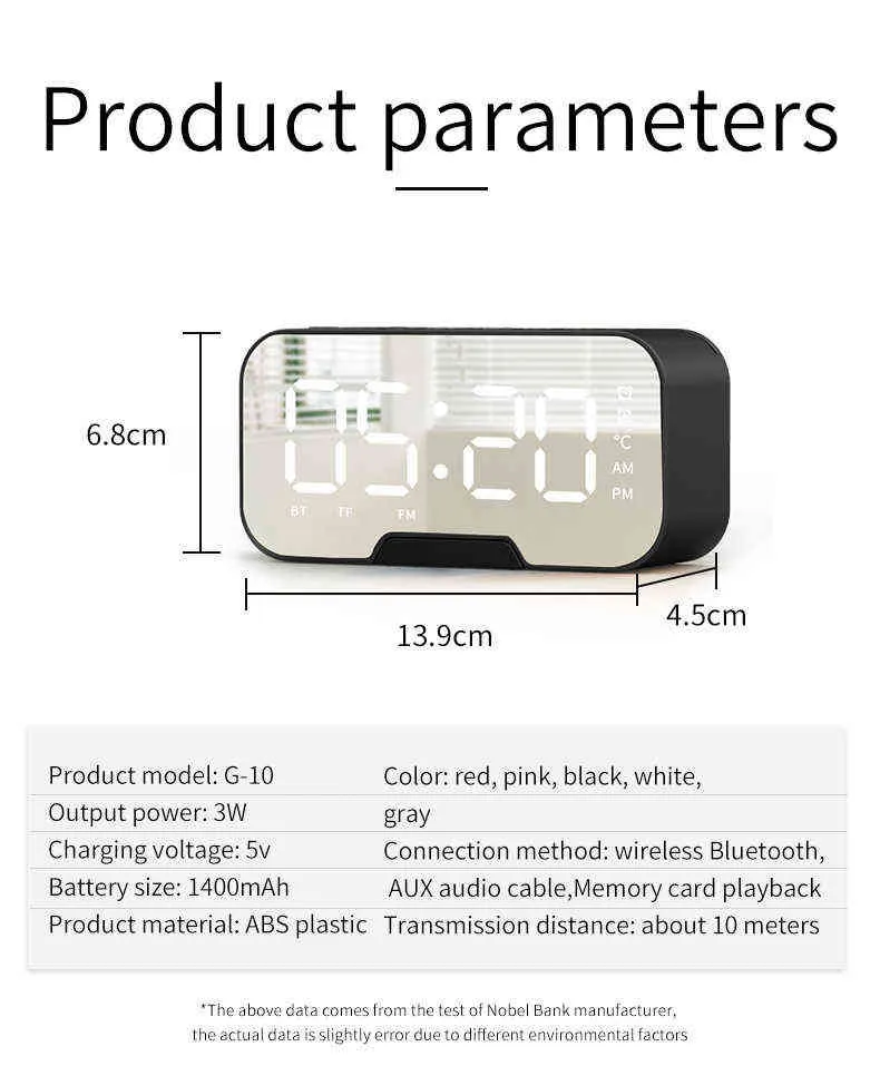 Miroir portable LED Réveil sans fil 5.0 Bluetooth FM Radio Lecteur de musique Électronique Horloge de table numérique avec double mode d'alarme 211111