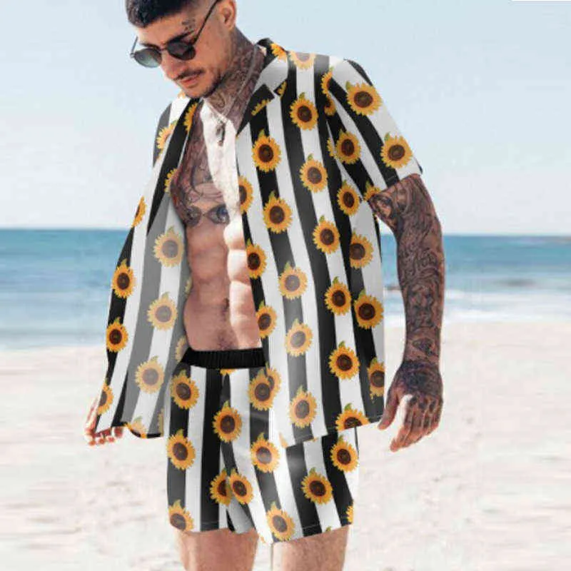 Zomer Mannen Print Sets Hawaiiaanse Korte Mouw Casual Shirts Ademend Shorts Holiday Beach Men Past Streetwear S-3XL G220224