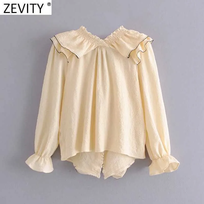 Zevity Femmes High Street Élastique Agaric Dentelle Col V Pli En Cascade Chemise À Volants Femme Blouse Roupas Chic Chemise Tops LS9105 210603