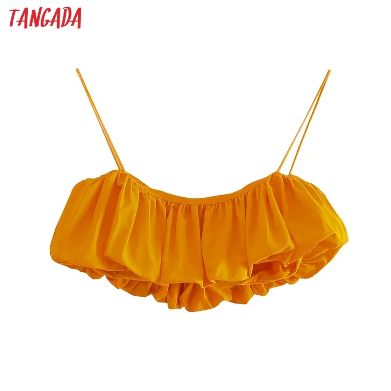 Mujeres Sexy Naranja Plisado V Cuello Camis Crop Top Beach Spaghetti Strap Camisas cortas Tops 4N42 210416