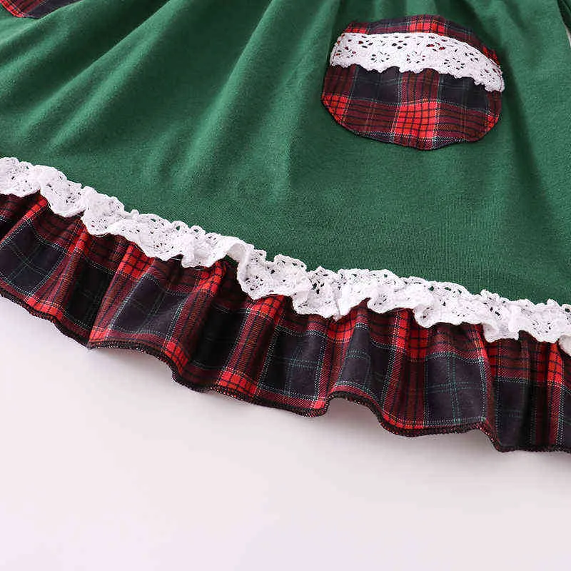 GirlyMax Noel Bebek Kız Çocuk Giyim Süt Ipek Pamuk Ekose Yeşil Cep Ruffles Elbise Diz Boyu Uzun Kollu G1218