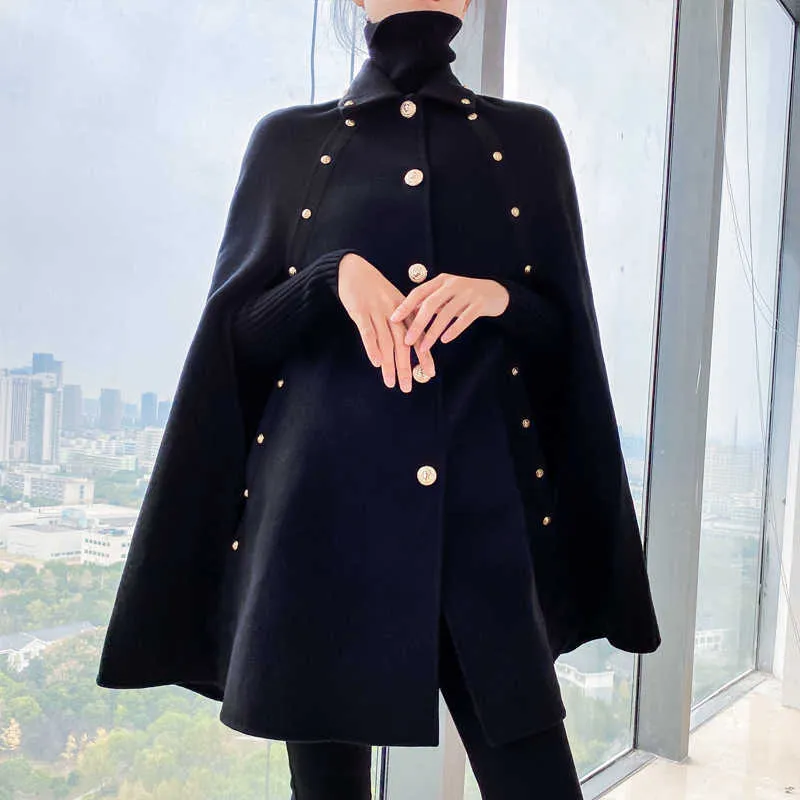 Cappotto di lana mantello nero donna autunno inverno cappotto di lana mantello vintage di media lunghezza con scialle allentato 210924
