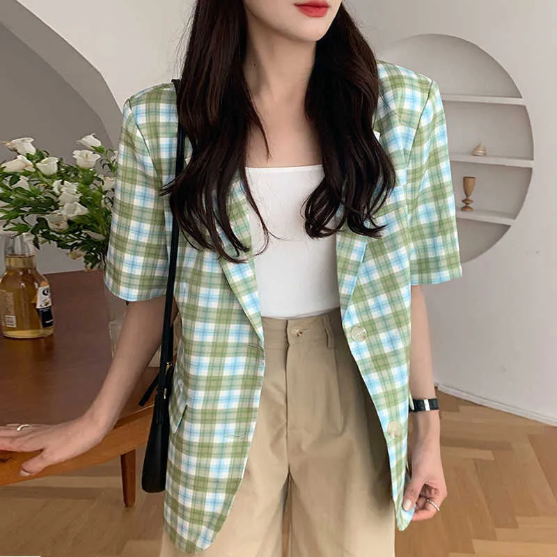 Korejpaa Women Blazers Summer Korean Chic Gentle Green Lapel Two Buttons Loose Versatile Short-Sleeved Plaid Suit Jackets 210526