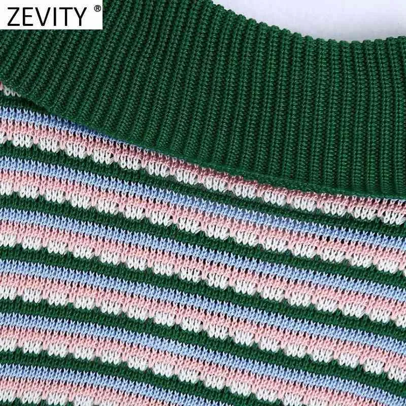 Women Vintage Color Matching Striped Crochet Knitting Sweater Ladies Short Sleeve Diamond Button Pullovers Tops SW829 210420