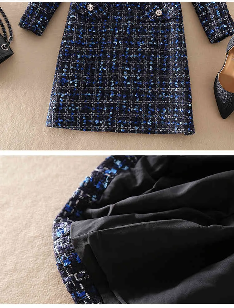 Поступление, твидовое платье трапециевидной формы с лацканами контрастного цвета и бисером, галстук-бабочка, женское темно-синее шерстяное короткое платье размера плюс S-XXL 210525251D