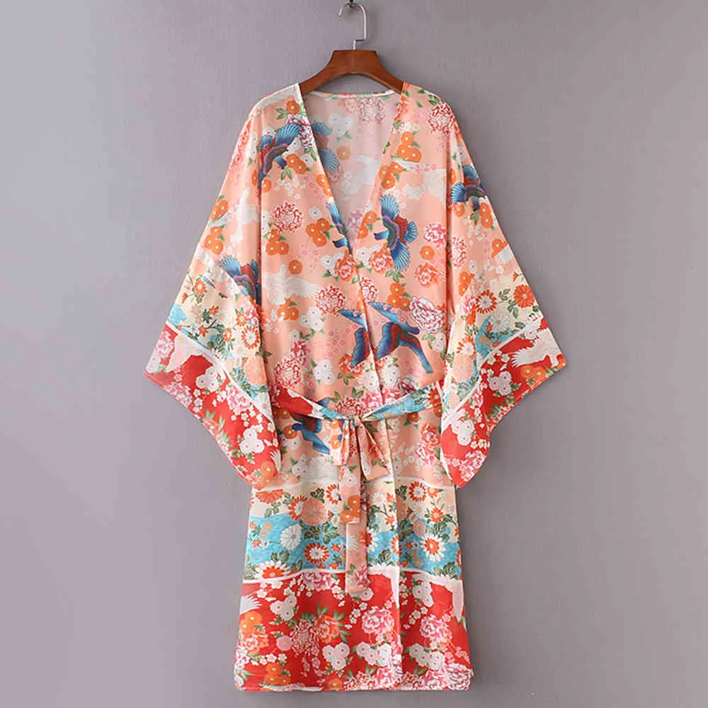 Roze Boho Print Roekjes Badpak Cover-UPS Plus Size Beach Wear Kimono Jurk Tuniek Vrouwen Zomer Badpak Cover Up A837 210420