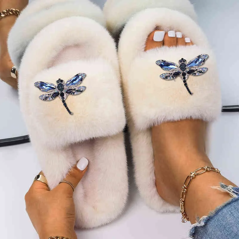 Women's Slippers Shoes Faux Fur Slides Luxury Crystal Dragonfly Flat Sandals Designer Flip Flops Female Winter Plush Slippers Y220301