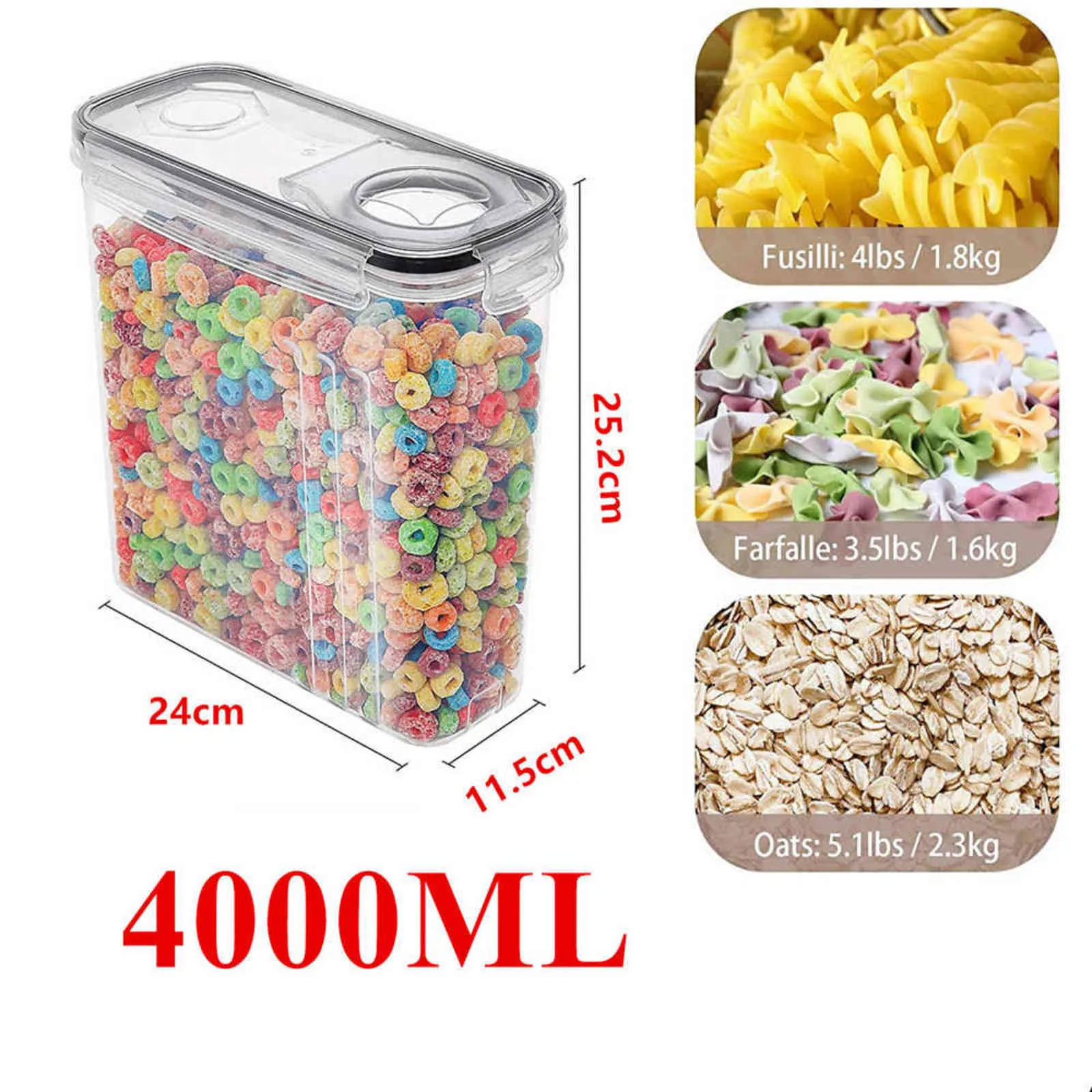 Juego de almacenamiento de contenedores de cereales de 4L, 1 Uds., dispensador hermético sin BPA, bote de organización de despensa para harina de azúcar, lata de alimentos 211112