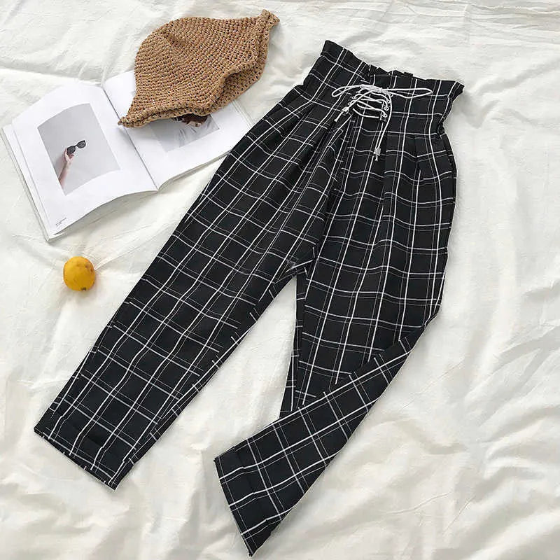 Flectit Women's Plaid Pants Lace Up With Pocket Paperbag High Waist Ankle Spring Summer Female Trousers * 210925