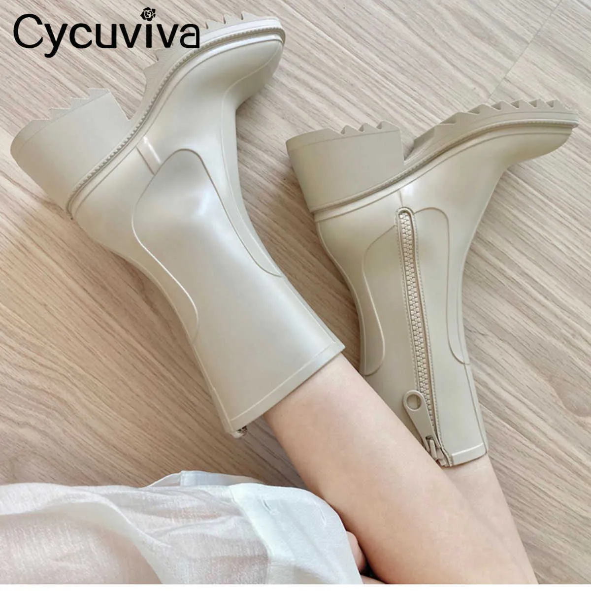 Cycuviva مربع تو أحذية المطر للنساء كعب مكتنزة سميكة وحيد حذاء من الجلد مصمم تشيلسي الأحذية السيدات المطاط التمهيد أحذية المطر Y0910