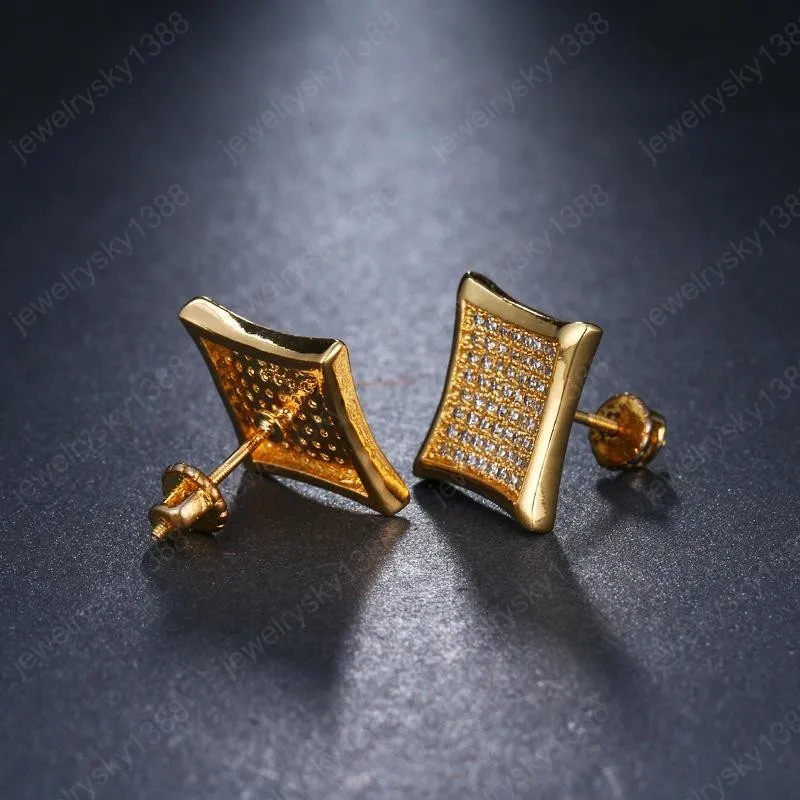 Blings Men Women Earring Gold Plated Bling CZ Diamond Square Earrings Studs for Girls Party Wedding Jewlery Hip Hop Earrings283a