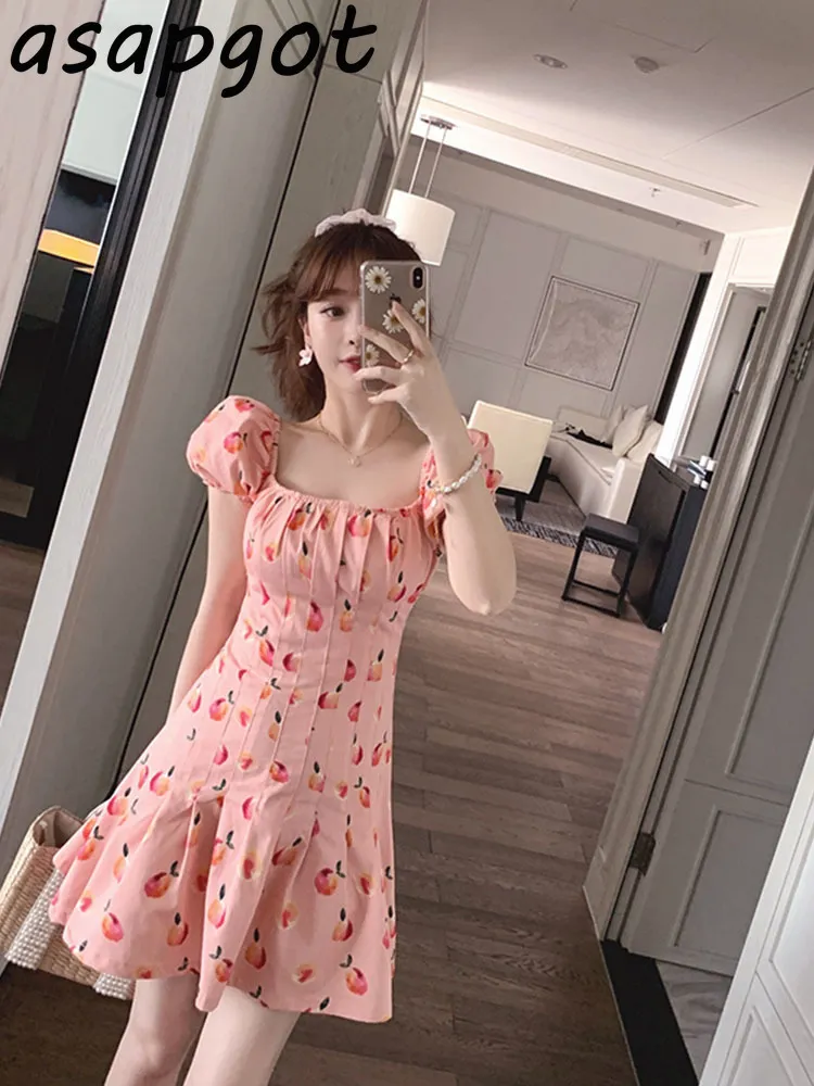 2 Style Korean Chic Sweet Girls Plus Size Square Neck Floral Dress Women Peach Pink Summer Temperament Waist Slim Mini Vestidos 210429