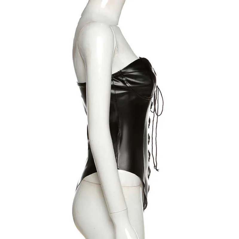 Колисмо кожаный боди верхний кружев полый без рукавов сплошной цвет тонкий подходящий черный корсет женщины сексуальные клубные наряды 210527