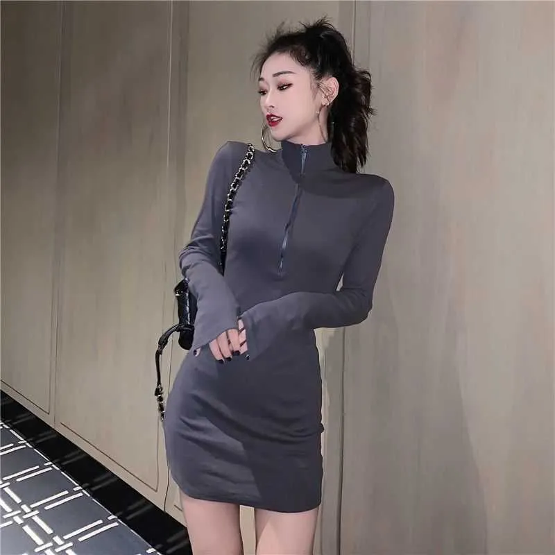 Sexy Women's Bodycon Dress Turtleneck Long Sleeve Zipper Package Hip Mini Autumn Winter Ladies Party Club es Vestidos 210526