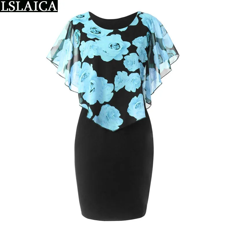 women dress rose print elegant casual slim bodycon office party streetwear plus size S-5XL short 210515