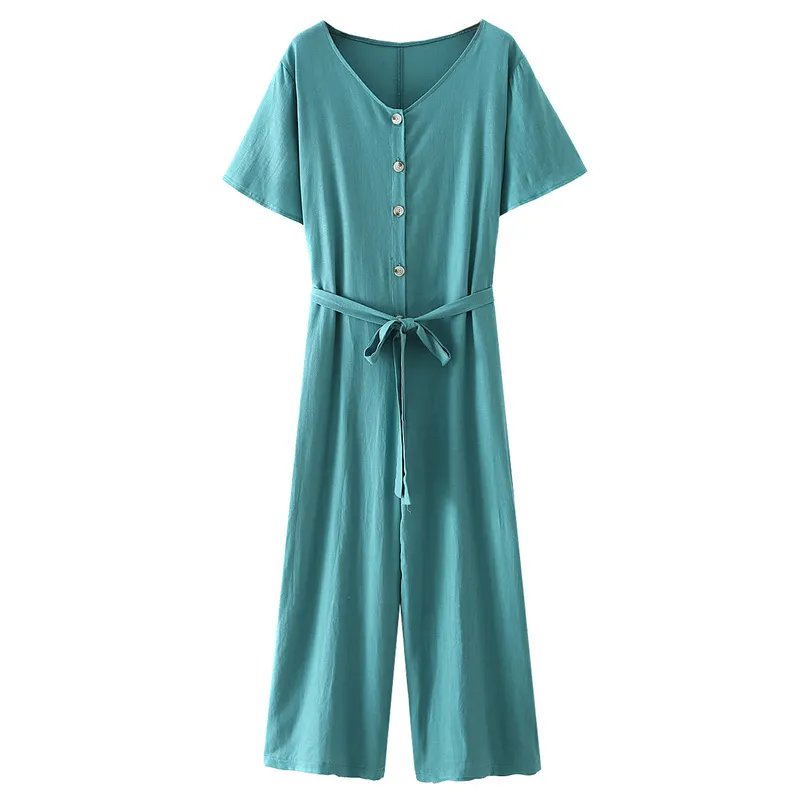 Décontracté femme vert lâche ceintures combinaisons été doux coton flammé Jmpersuit dames Chic solide plage combinaisons 210515