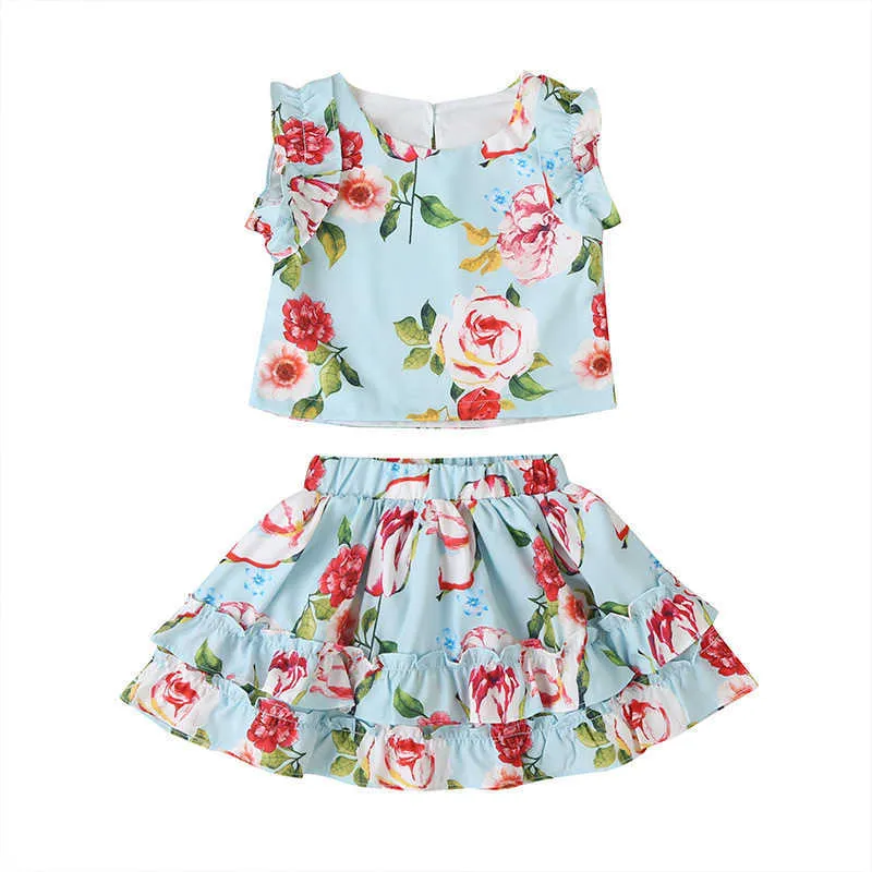 Sommer Kinder Sets Casual Mädchen Ärmellose O Neck Print Floral Tops Kurzen Rock Nette Kleidung 9M-4T 210629