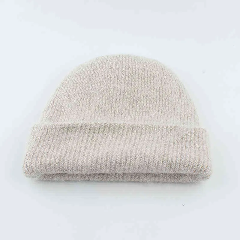 Unisex Solid Color Real Rabbit Fur Beans Zima Dzianiny Kapelusz Dla Kobiet Wełny Bonnet Kobieta Jesień Ciepłe Skullies Y21111