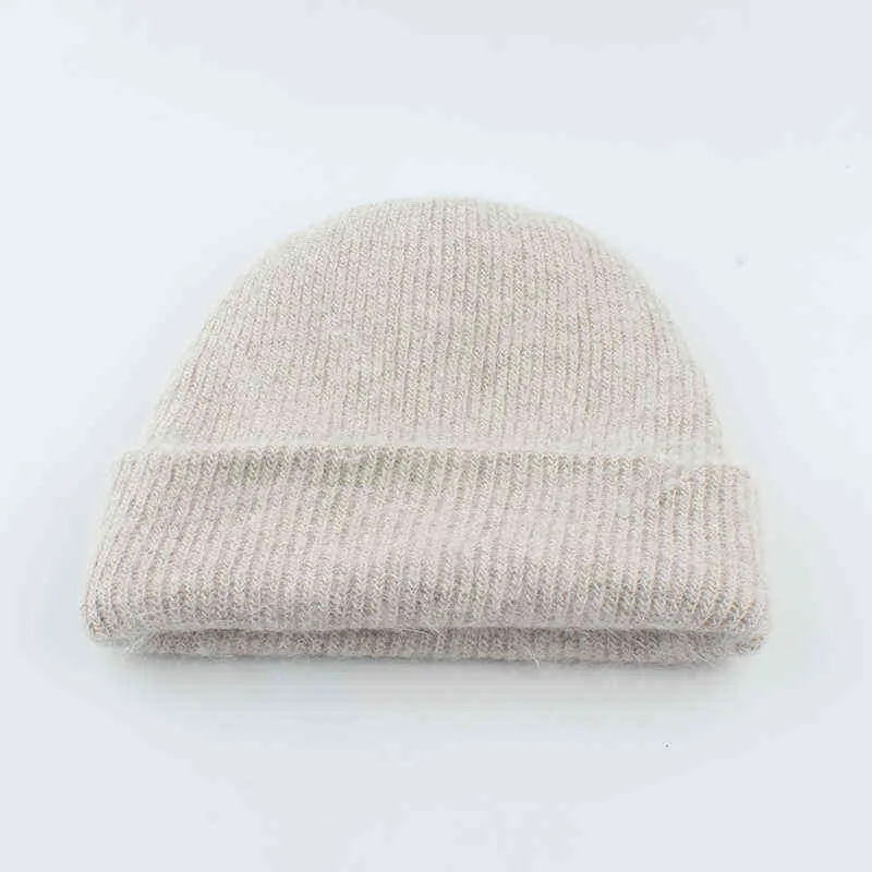 Unisexe couleur unie réel fourrure de lapin bonnets hiver tricoté chapeau pour femmes laine Bonnet femme automne chaud Skullies Y21111