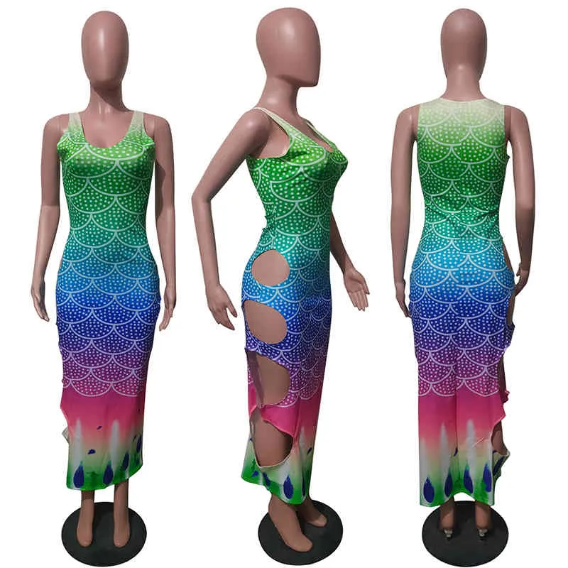 Farbblock-Druck, aushöhlen, modische sexy Kleider für Frauen, ärmellos, runder Hals, knöchellang, schmales Kleid für Frauen 210521